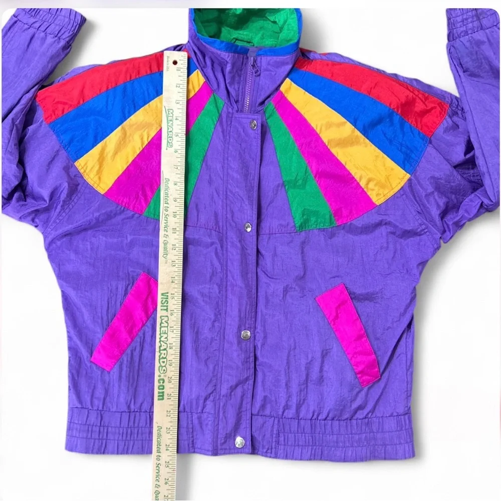 ANDY JOHNS Purple Windbreaker Vintage 80’ Jacke S, Shoulder Pads Zipper & Button
